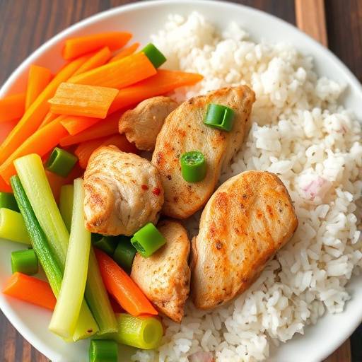 A colorful plate filled with a balanced meal of vegetables, grilled chicken, brown rice, and avocado