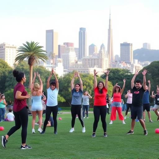 A diverse group of people exercising together in a San Francisco park, showcasing community fitness