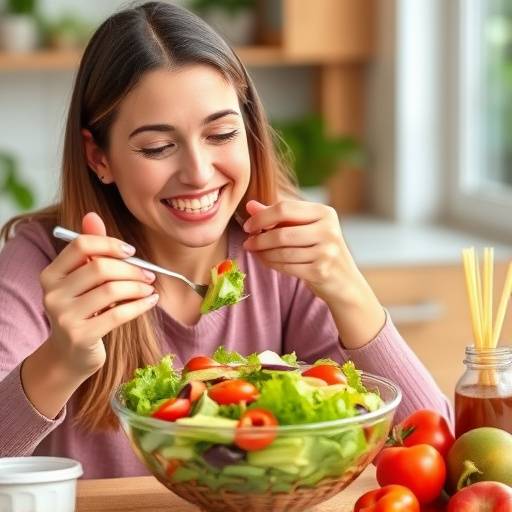A person happily eating a colorful salad, representing the debunking of nutrition myths and promoting a healthy relationship with food
