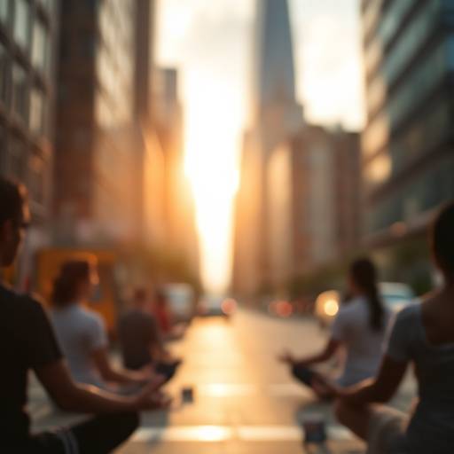Person calmly meditating in a stressful environment, like a busy city street