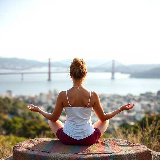 Serene woman meditating on a hilltop overlooking San Francisco, symbolizing Zenith Wellness' holistic approach