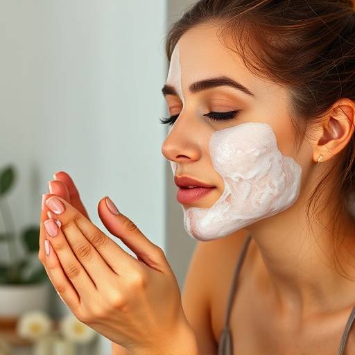Woman cleansing her face as part of her evening skincare routine