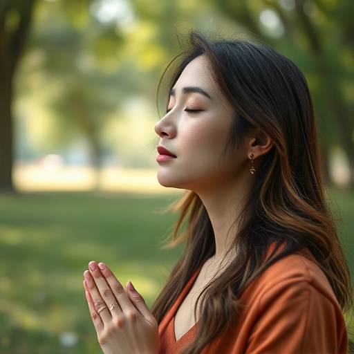 Woman practicing mindful breathing in a serene park setting